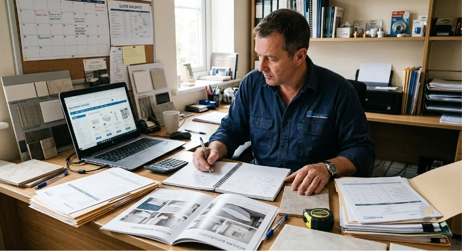 Professional tradesman calculates a bathroom fitter quote time at a desk with a laptop displaying bathroom fixtures, material samples, brochures, and paperwork.