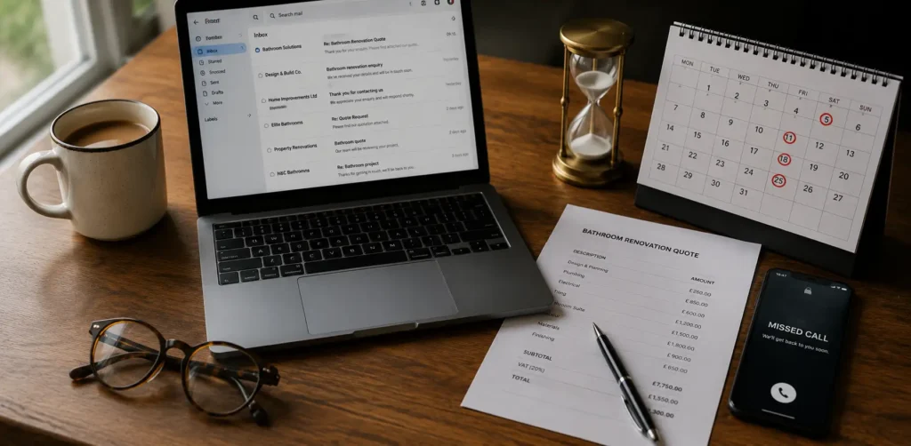 An organized desk layout with an open laptop, desk calendar, hourglass timer, glasses, and a project spec sheet used for calculating a bathroom fitter quote time.
