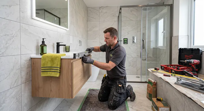 image showing a bathroom fitter installing a modern vanity unit