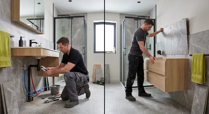 Difference Between Plumber and Bathroom Fitter showing a plumber and bathroom fitter working on the same bathroom renovation project