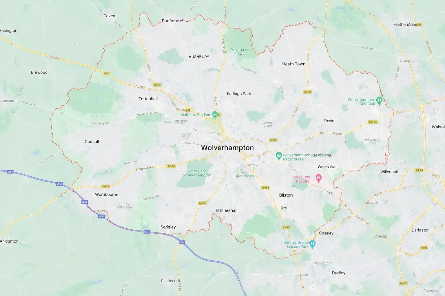Map showing bathroom fitting service coverage across Wolverhampton and surrounding areas in the West Midlands.