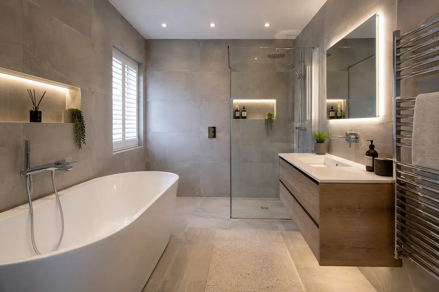 Modern luxury bathroom showcasing large-format grey stone bathroom tiling in Wolverhampton, featuring a white freestanding bath, walk-in glass shower, and a floating wooden vanity with an LED backlit mirror.