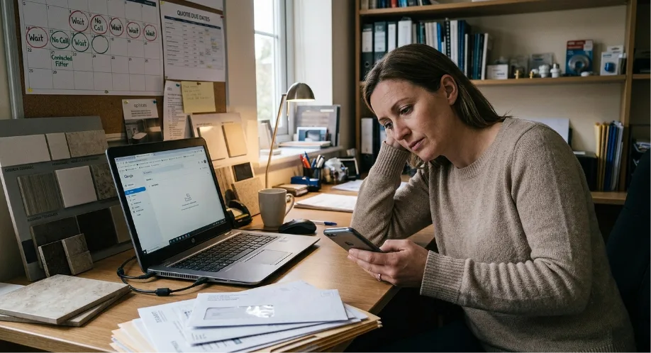 A stressed homeowner checks her smartphone at a desk while waiting on a long bathroom fitter quote time, with a laptop, tile samples, and a calendar visible.