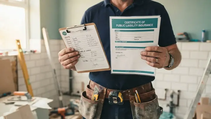 bathroom fitter showing public liability insurance certificate and written quote before renovation