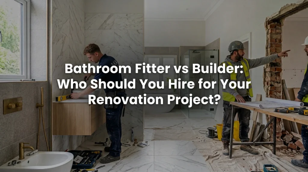 A specialist bathroom fitter installing a vanity unit and a general builder reviewing plans for a renovation project.