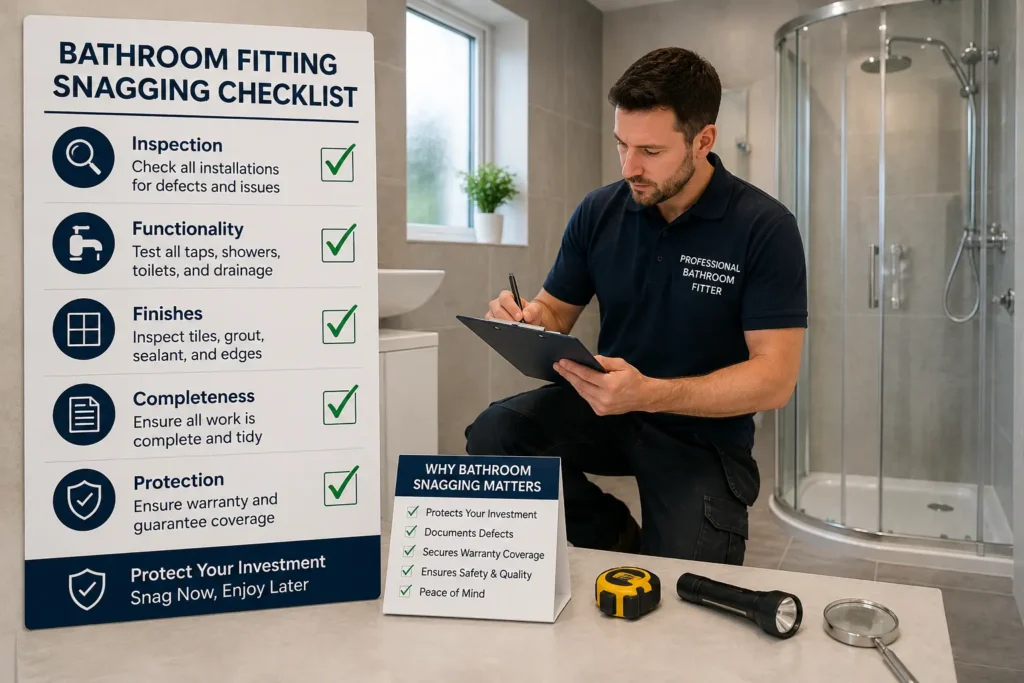 Bathroom Fitting Snagging Checklist being completed during a final bathroom inspection before project handover.