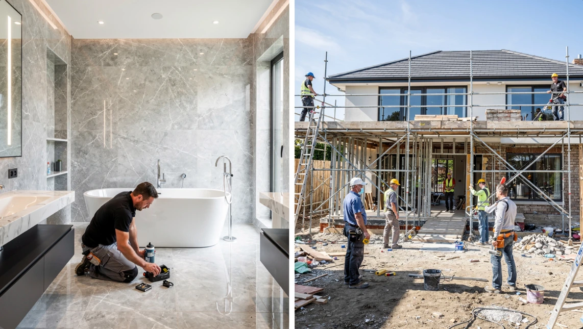 Split scene showing a tiler working in a luxury marble bathroom versus a crew building a house exterior, illustrating the difference between a bathroom fitter vs builder.
