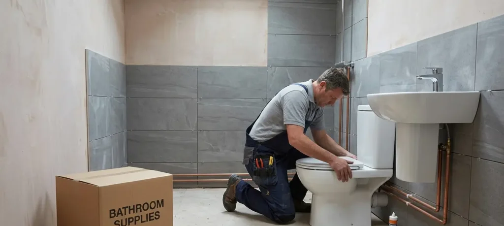 Comparing cost between supply only and supply and fit bathroom setups with a price breakdown infographic of labor and material expenses