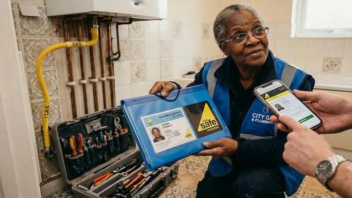 City Gas and Plumbing engineer showing her Gas Safe Register ID card confirming the bathroom fitter qualifications UK law requires for all gas work