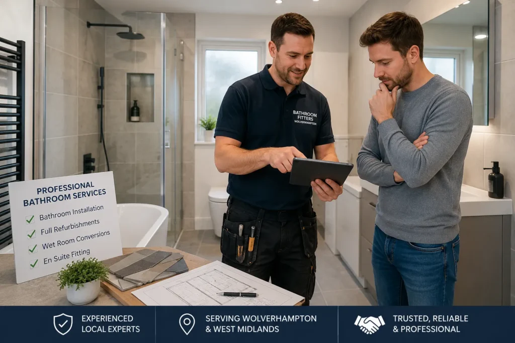 How to Find a Good Bathroom Fitter in Wolverhampton – homeowner discussing a bathroom renovation with an experienced local bathroom fitter.