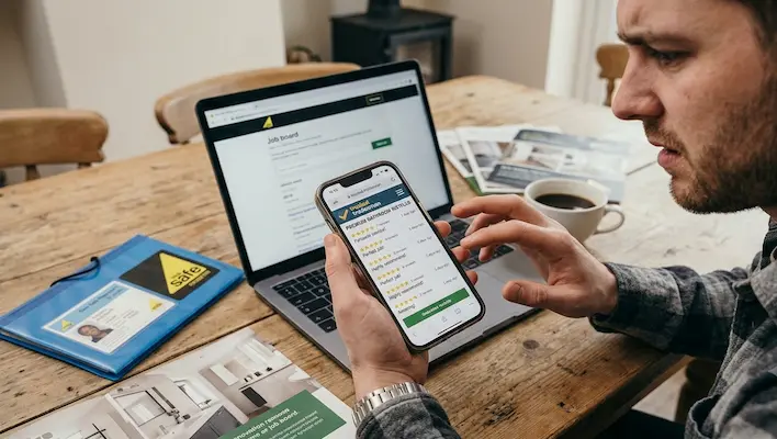 Man checking how to spot fake bathroom fitter reviews on a phone and laptop with a Gas Safe ID card and trade brochures on the table
