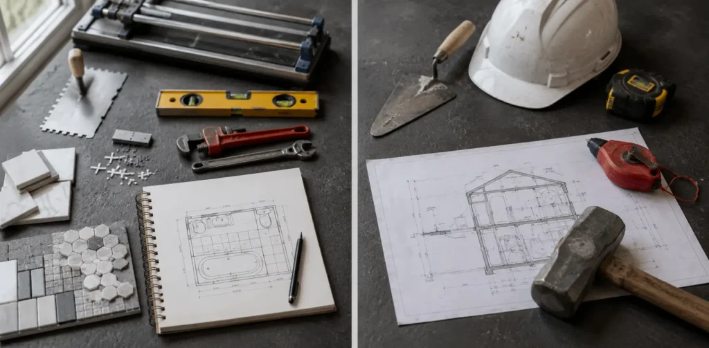 Split image comparing plumbing/tile tools with construction hard hat and full house plans, showing the difference between a bathroom fitter vs builder.