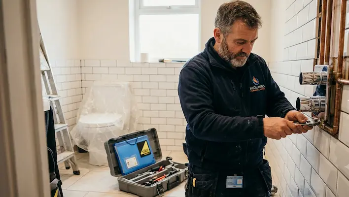 Midlands plumber installing copper pipework in a bathroom under construction showing the regulated trade standards required for bathroom fitting in the UK