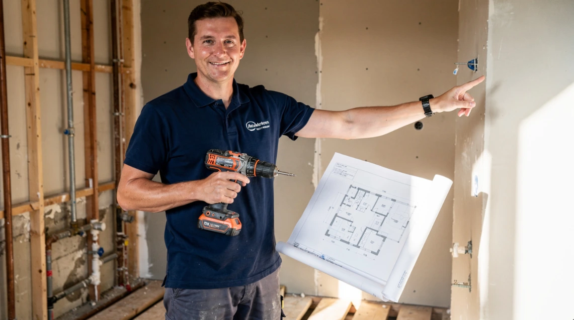 Close-up shot of a professional bathroom fitters hands wearing safety glasses, using a wet tile cutter to trim a grey hexagon tile for a shower wall.