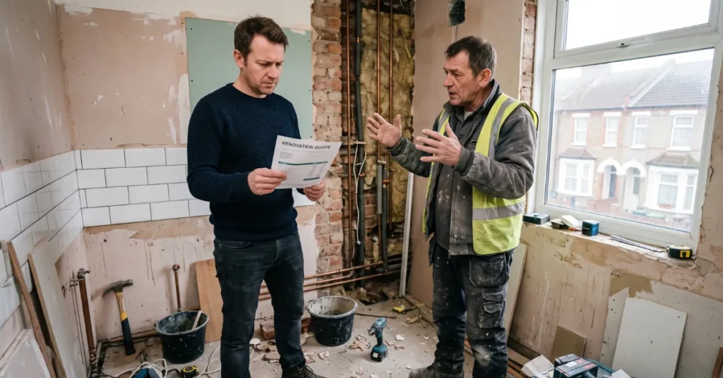 Homeowner questioning a bathroom fitter's vague quote in an unfinished bathroom - how to spot a cowboy bathroom fitter