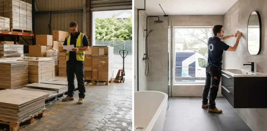 Supply Only vs Supply and Fit Bathroom comparison highlighting a fully installed luxury suite by professional tradesmen.