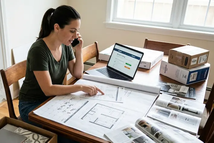 Understanding Supply Only Bathroom Services by showcasing boxed sanitaryware, luxury taps, and vanity units ready for delivery.
